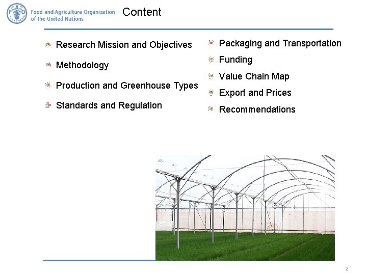 Content Research Mission and Objectives Methodology Production and Greenhouse Types Standards and Regulation Packaging