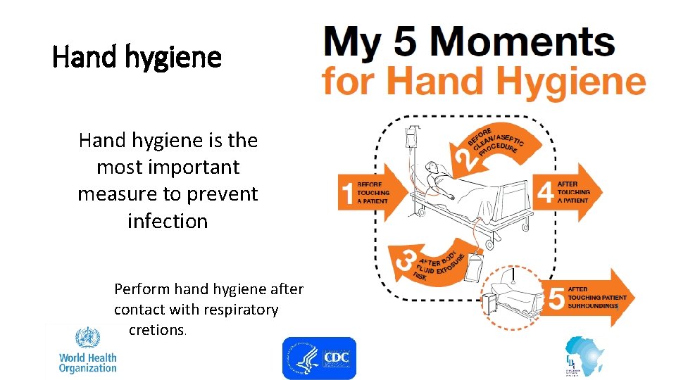 Hand hygiene is the most important measure to prevent infection Perform hand hygiene after