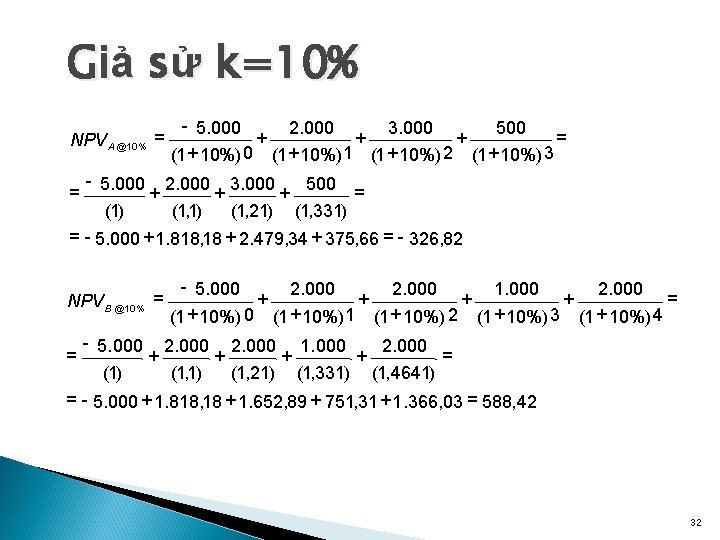 Giả sử k=10% NPV A @10% = - 5. 000 (1) = + -