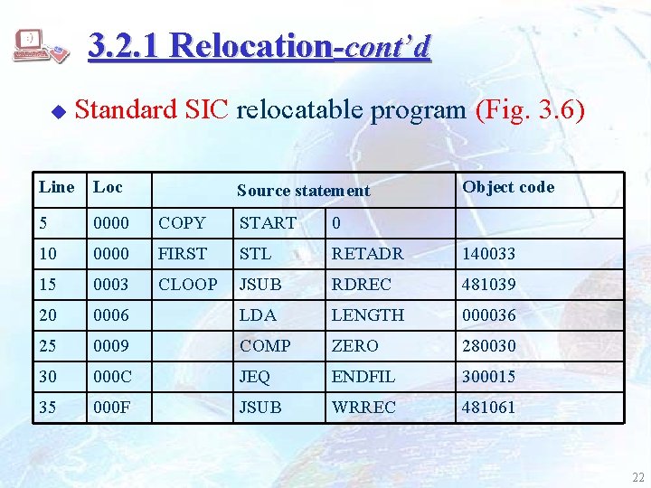 3. 2. 1 Relocation-cont’d u Standard SIC relocatable program (Fig. 3. 6) Line Loc
