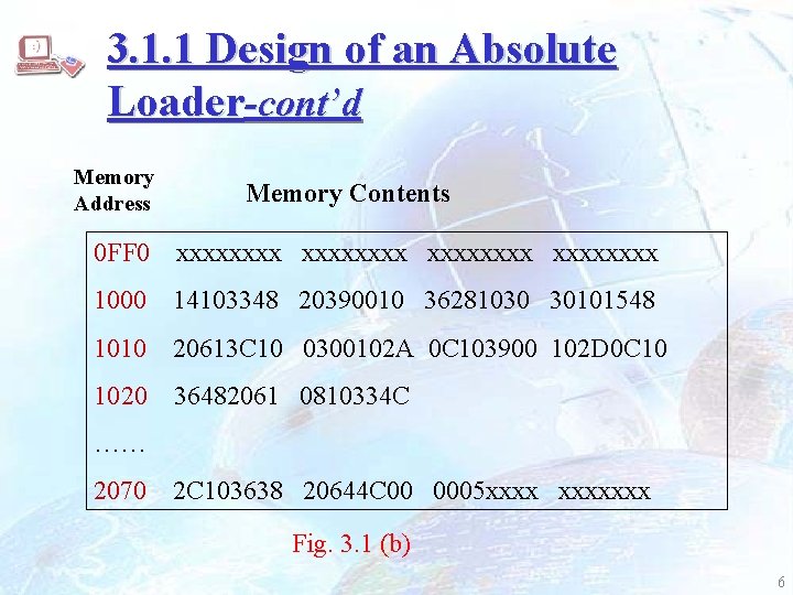 3. 1. 1 Design of an Absolute Loader-cont’d Memory Address 0 FF 0 Memory