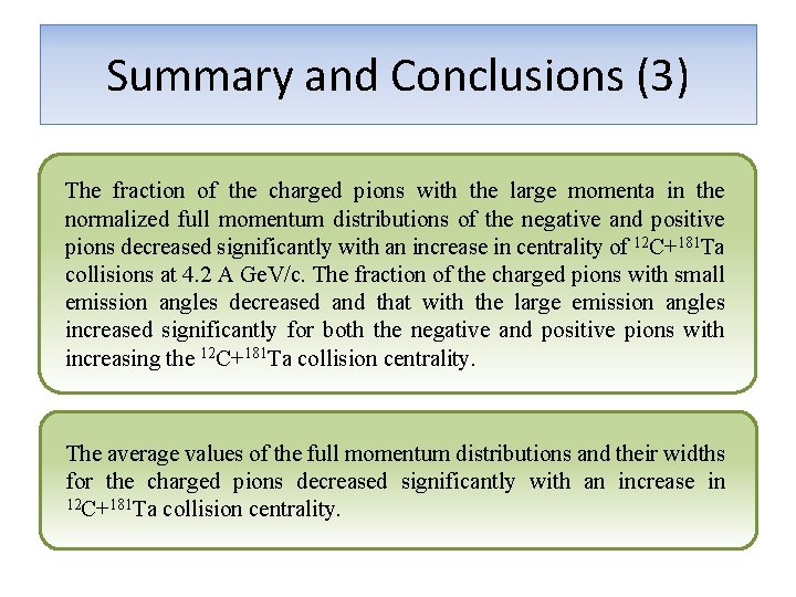 Summary and Conclusions (3) The fraction of the charged pions with the large momenta