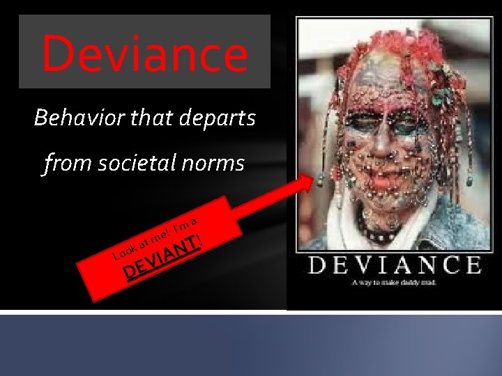 Deviance Behavior that departs from societal norms ’m I ! e at m a