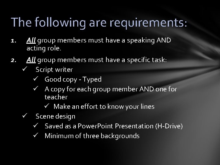 The following are requirements: 1. 2. All group members must have a speaking AND