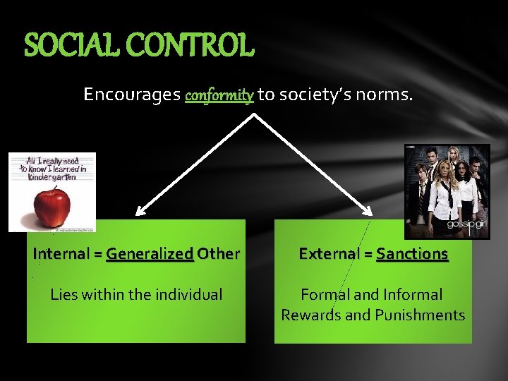 SOCIAL CONTROL Encourages conformity to society’s norms. Internal = Generalized Other External = Sanctions