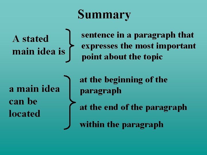 Summary A stated main idea is a main idea can be located sentence in