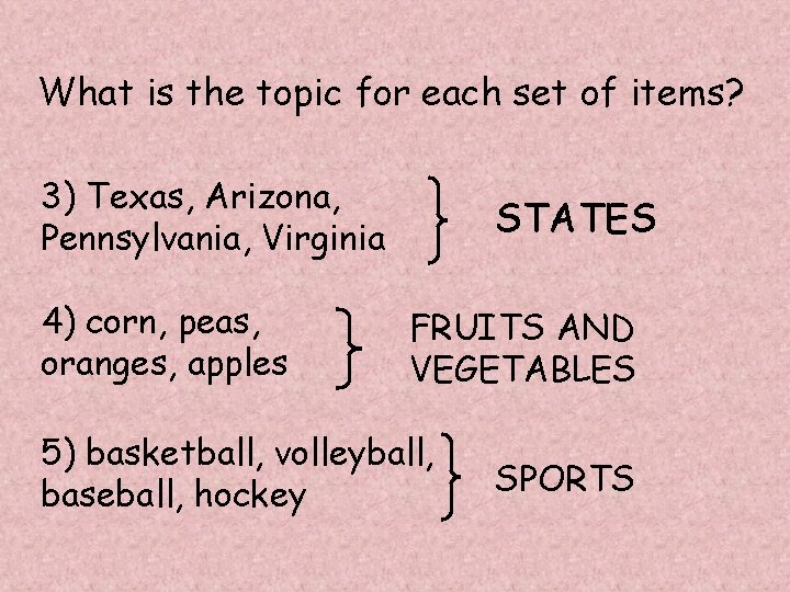 What is the topic for each set of items? 3) Texas, Arizona, Pennsylvania, Virginia