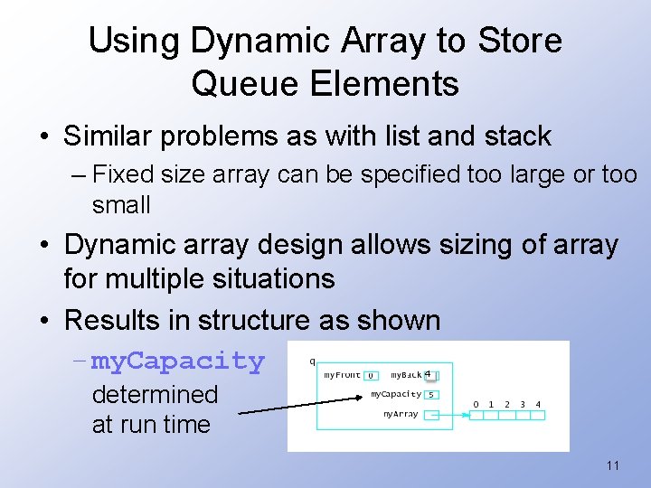 Using Dynamic Array to Store Queue Elements • Similar problems as with list and