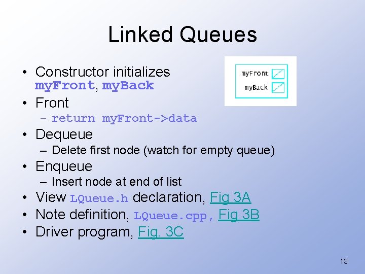 Linked Queues • Constructor initializes my. Front, my. Back • Front – return my.