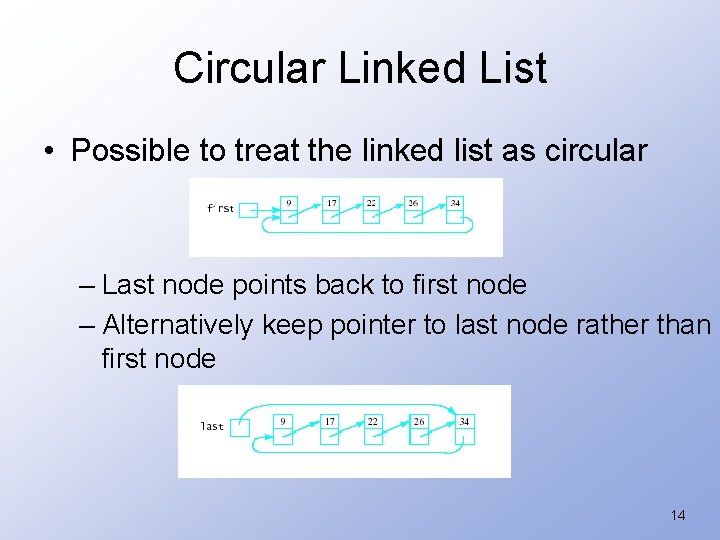 Circular Linked List • Possible to treat the linked list as circular – Last