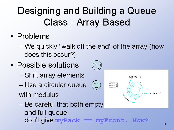 Designing and Building a Queue Class - Array-Based • Problems – We quickly "walk
