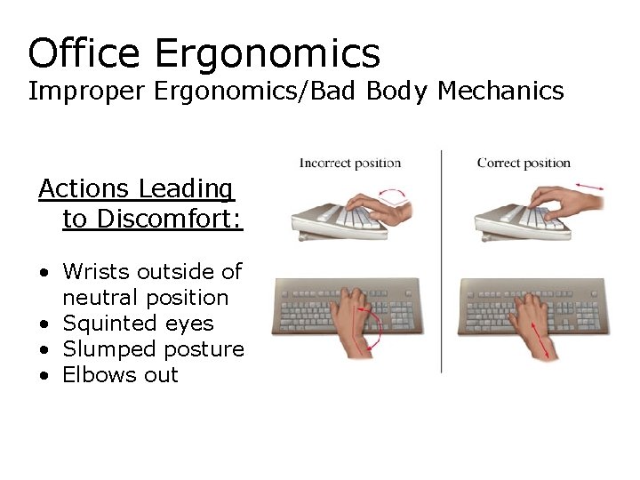 Office Ergonomics Improper Ergonomics/Bad Body Mechanics Actions Leading to Discomfort: • Wrists outside of