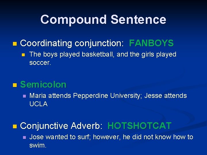 Compound Sentence n Coordinating conjunction: FANBOYS n n Semicolon n n The boys played