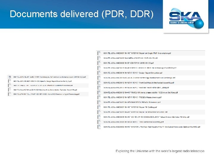 Documents delivered (PDR, DDR) 