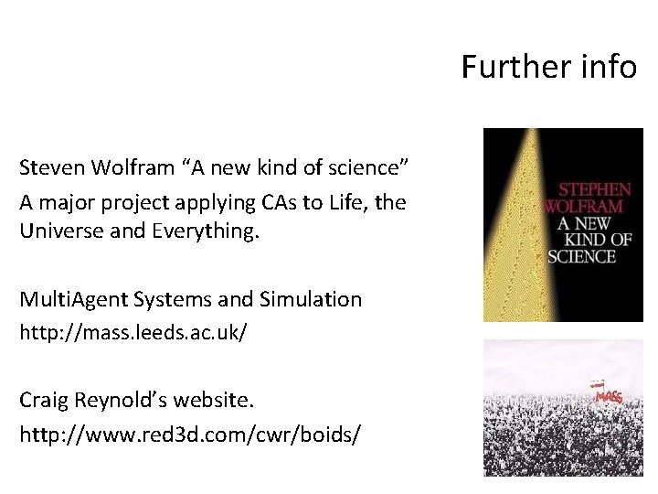 Further info Steven Wolfram “A new kind of science” A major project applying CAs