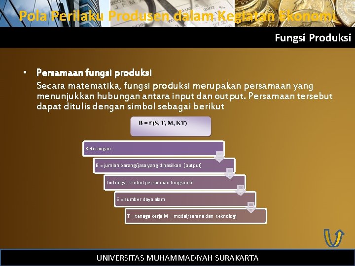 Pola Perilaku Produsen dalam Kegiatan Ekonomi Fungsi Produksi • Persamaan fungsi produksi Secara matematika,