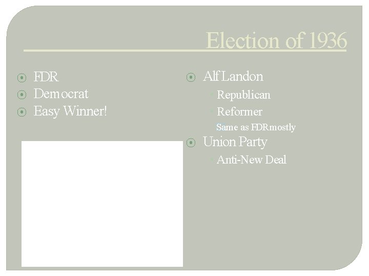 Election of 1936 ⦿ ⦿ ⦿ FDR Democrat Easy Winner! ⦿ Alf Landon •