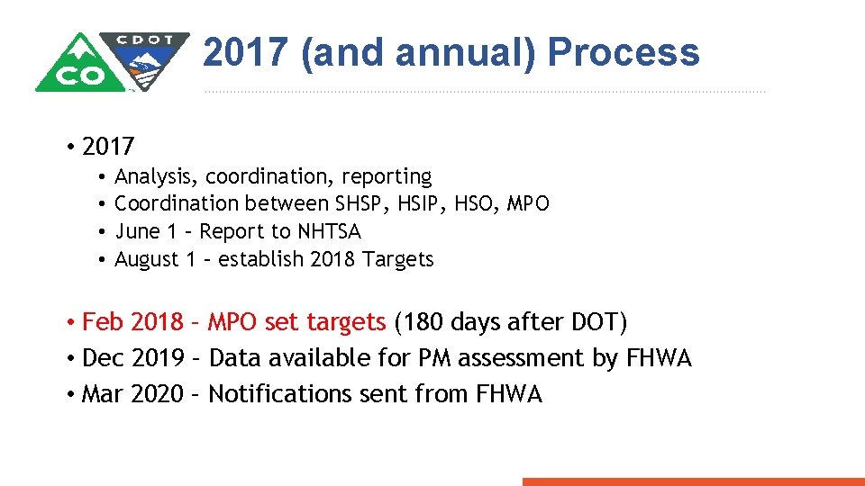2017 (and annual) Process • 2017 • • Analysis, coordination, reporting Coordination between SHSP,