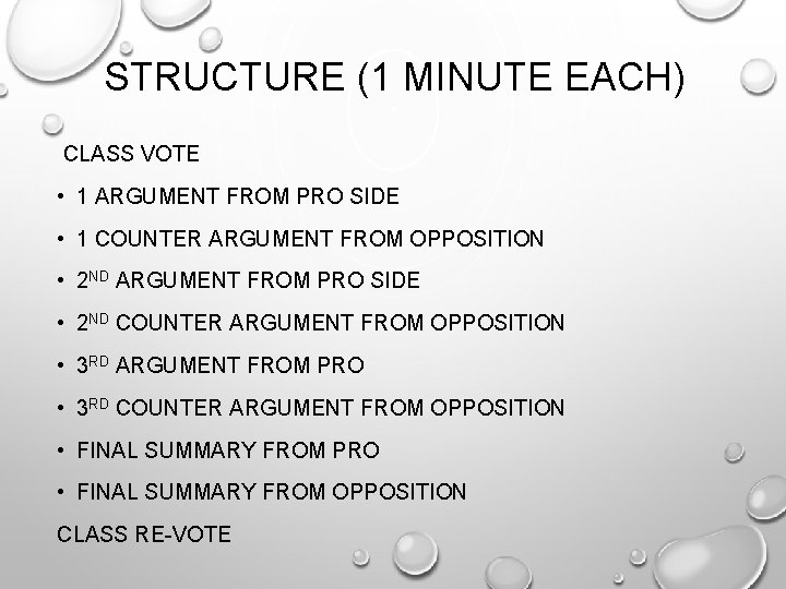 STRUCTURE (1 MINUTE EACH) CLASS VOTE • 1 ARGUMENT FROM PRO SIDE • 1