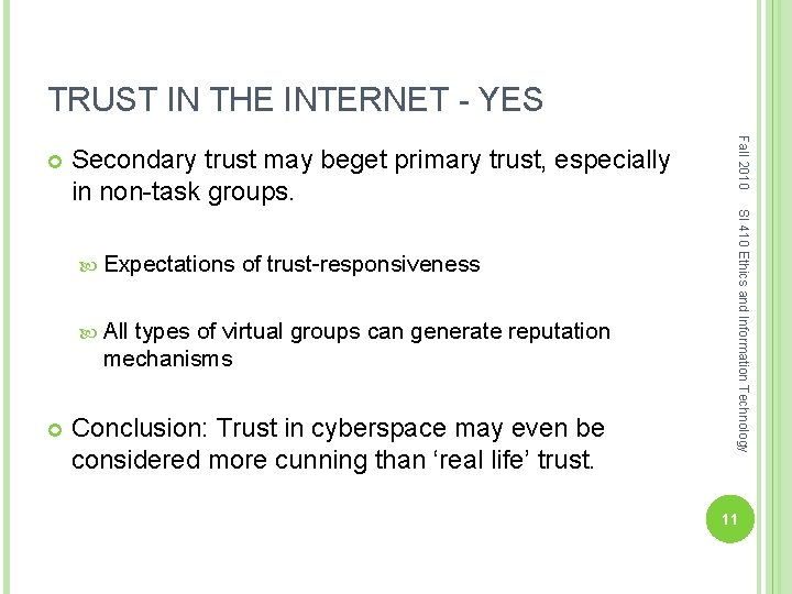 TRUST IN THE INTERNET - YES Secondary trust may beget primary trust, especially in