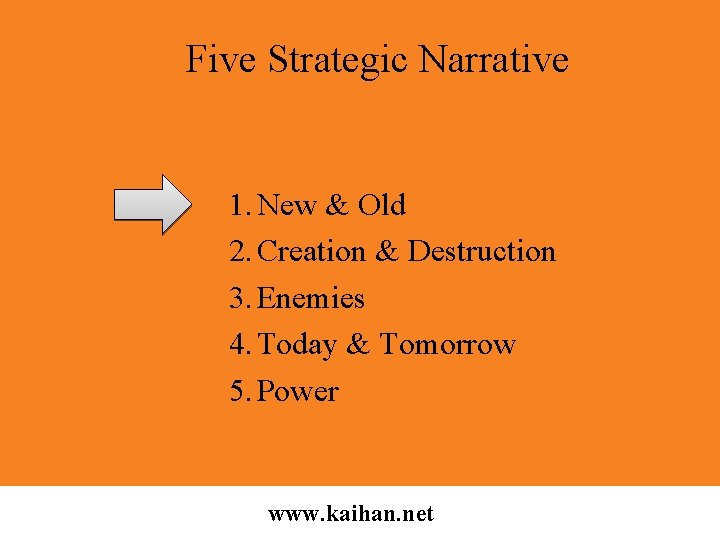 Five Strategic Narrative 1. New & Old 2. Creation & Destruction 3. Enemies 4.