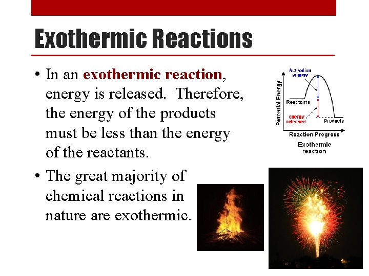 Exothermic Reactions • In an exothermic reaction, energy is released. Therefore, the energy of