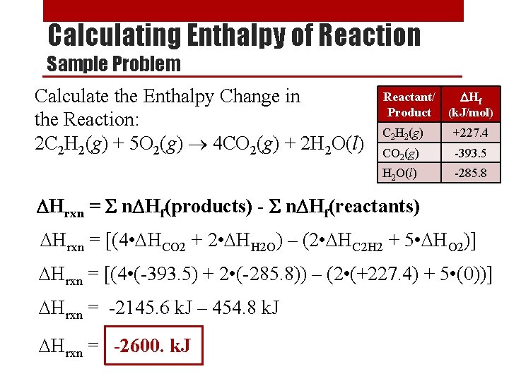 Calculating Enthalpy of Reaction Sample Problem Calculate the Enthalpy Change in the Reaction: 2