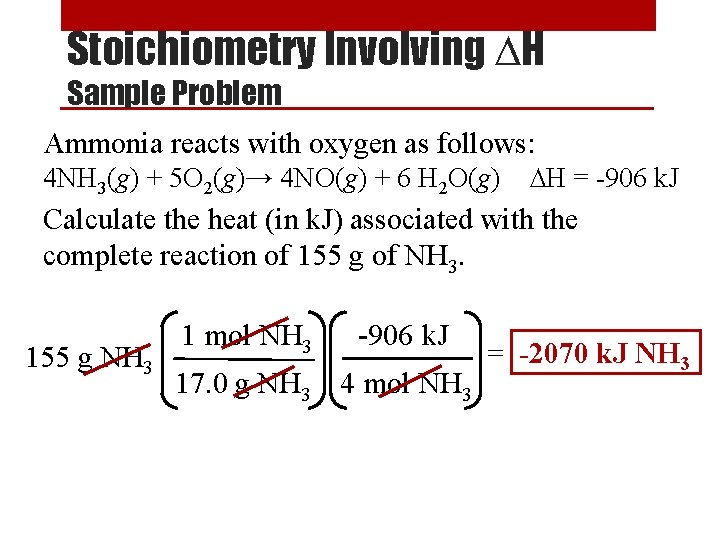 Stoichiometry Involving ∆H Sample Problem Ammonia reacts with oxygen as follows: 4 NH 3(g)