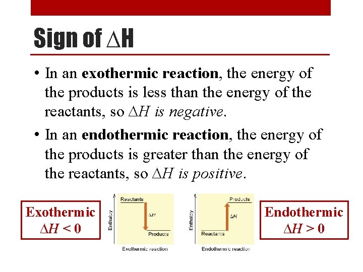 Sign of ∆H • In an exothermic reaction, the energy of the products is