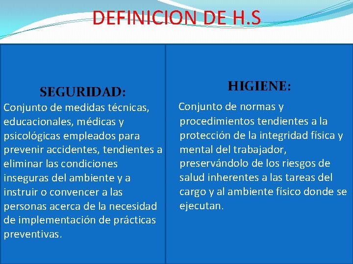 DEFINICION DE H. S SEGURIDAD: Conjunto de medidas técnicas, educacionales, médicas y psicológicas empleados
