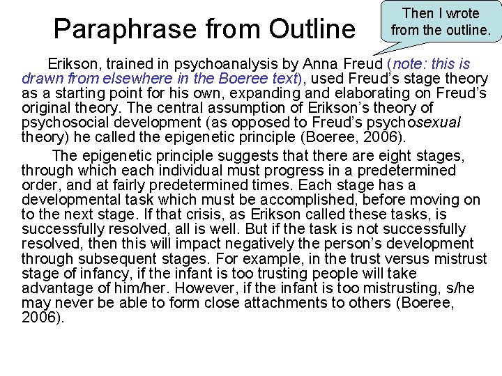 Paraphrase from Outline Then I wrote from the outline. Erikson, trained in psychoanalysis by