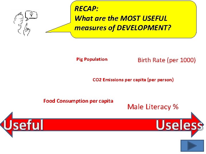RECAP: What are the MOST USEFUL measures of DEVELOPMENT? Pig Population Birth Rate (per