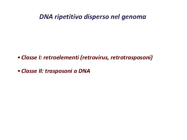 DNA ripetitivo disperso nel genoma • Classe I: retroelementi (retrovirus, retrotrasposoni) • Classe II: