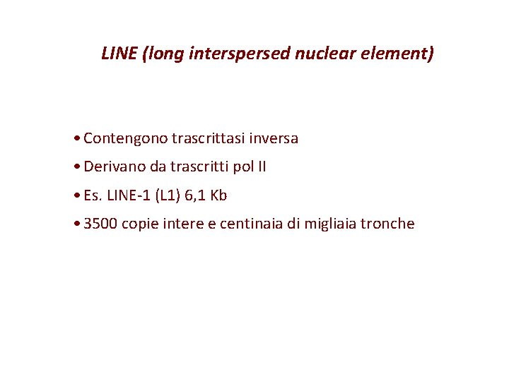 LINE (long interspersed nuclear element) • Contengono trascrittasi inversa • Derivano da trascritti pol