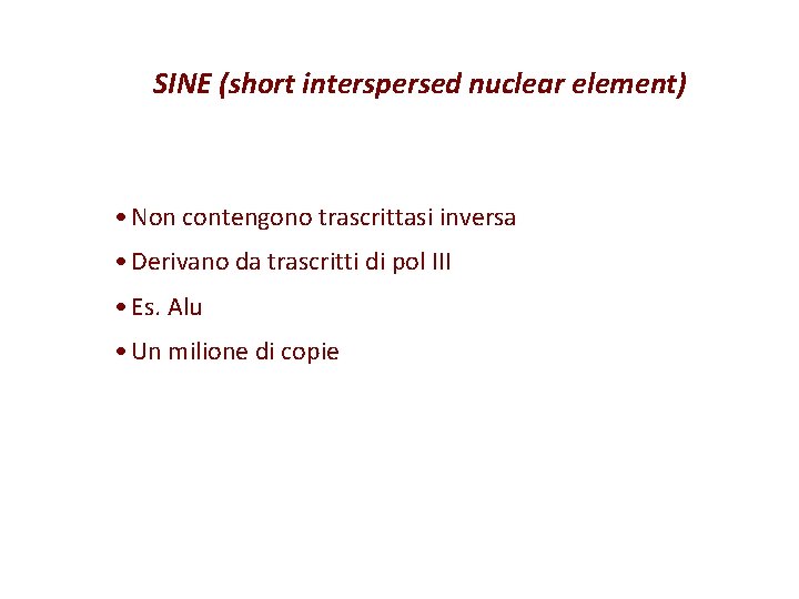 SINE (short interspersed nuclear element) • Non contengono trascrittasi inversa • Derivano da trascritti