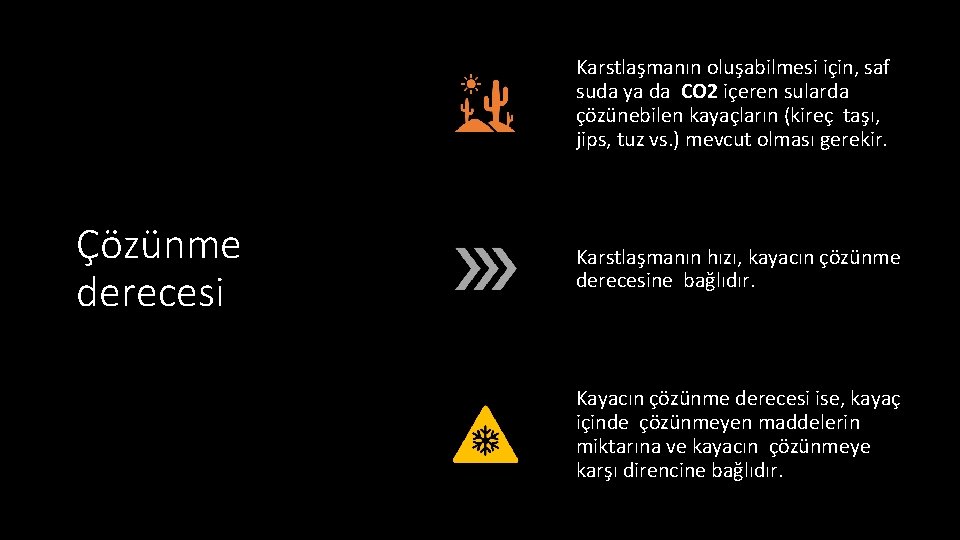 Karstlaşmanın oluşabilmesi için, saf suda ya da CO 2 içeren sularda çözünebilen kayaçların (kireç