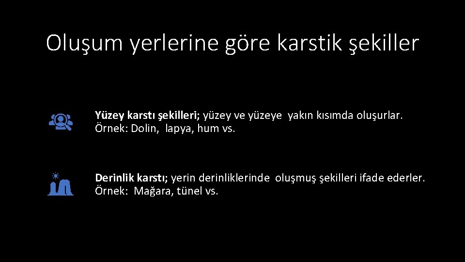 Oluşum yerlerine göre karstik şekiller Yüzey karstı şekilleri; yüzey ve yüzeye yakın kısımda oluşurlar.