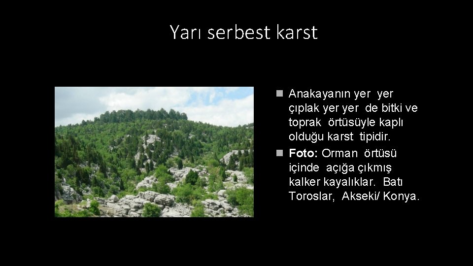 Yarı serbest karst Anakayanın yer çıplak yer de bitki ve toprak örtüsüyle kaplı olduğu