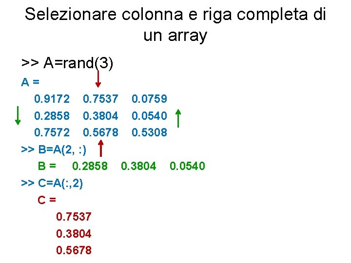 Selezionare colonna e riga completa di un array >> A=rand(3) A= 0. 9172 0.