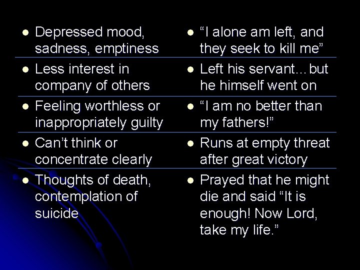 l l l Depressed mood, sadness, emptiness Less interest in company of others Feeling