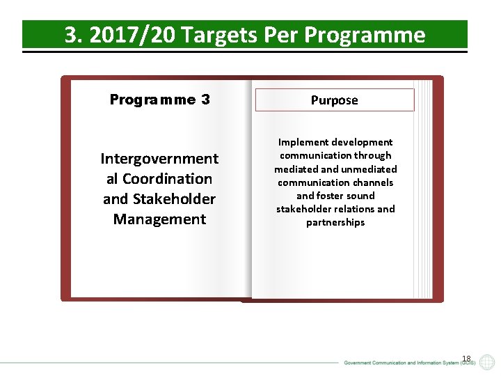 3. 2017/20 Targets Per Programme 3 Purpose Intergovernment al Coordination and Stakeholder Management Implement