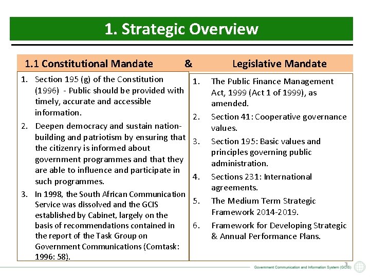 1. Strategic Overview 1. 1 Constitutional Mandate & 1. Section 195 (g) of the