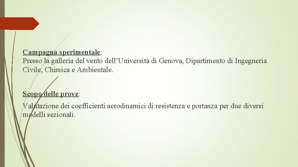 Campagna sperimentale: Presso la galleria del vento dell’Università di Genova, Dipartimento di Ingegneria Civile,