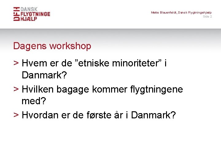 Mette Blauenfeldt, Dansk Flygtningehjælp Side 2 Dagens workshop > Hvem er de ”etniske minoriteter”