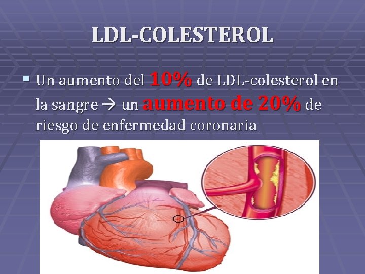 LDL-COLESTEROL § Un aumento del 10% de LDL-colesterol en la sangre un aumento de