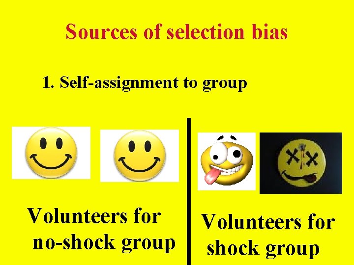 Sources of selection bias 1. Self-assignment to group Volunteers for no-shock group Volunteers for Sources of selection bias 1. Self-assignment to group Volunteers for no-shock group Volunteers for