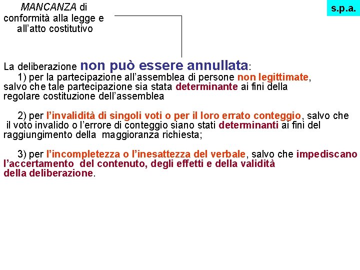 MANCANZA di conformità alla legge e all’atto costitutivo s. p. a. La deliberazione non