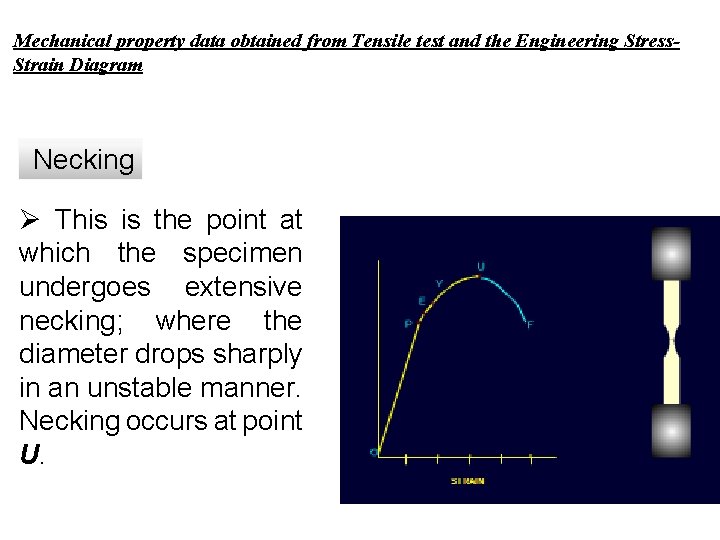 Mechanical property data obtained from Tensile test and the Engineering Stress. Strain Diagram Necking