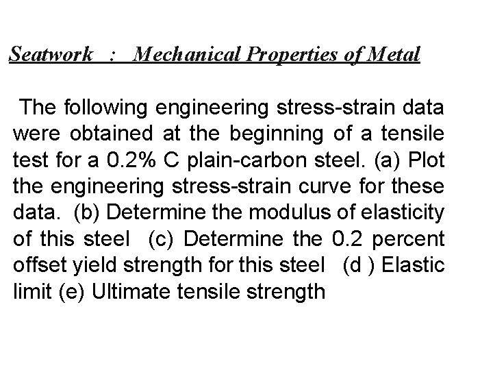 Seatwork : Mechanical Properties of Metal The following engineering stress-strain data were obtained at