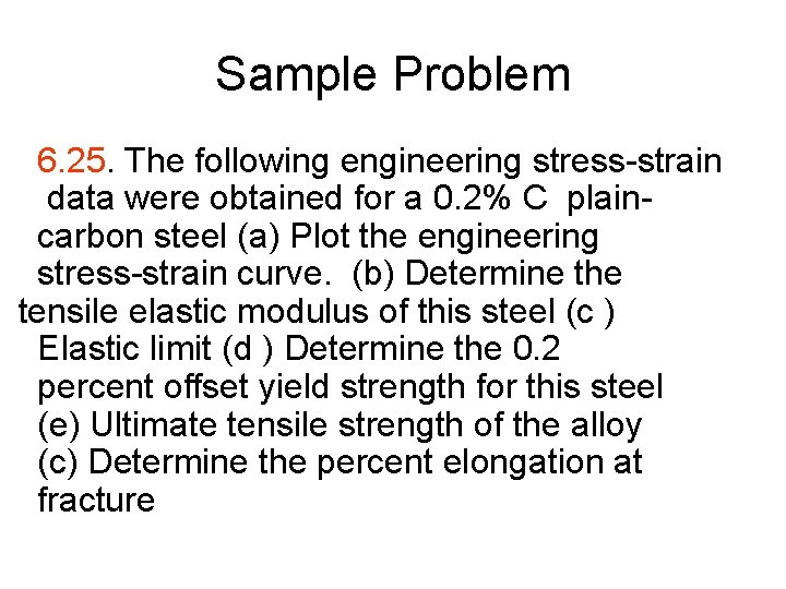 Sample Problem 6. 25. The following engineering stress-strain data were obtained for a 0.